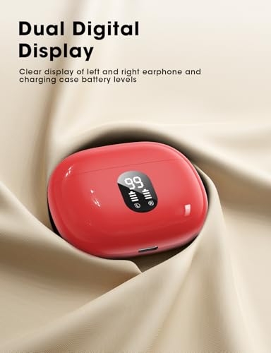 Image of Wireless Earbuds Deep Bass Sound Ear Buds, Bluetooth 5.3 Headphones 48H Playtime, LED Display Earphones with Mic, IPX7 Waterproof Lightweight in-Ear Buds, Touch Control for iPhone TV Laptop Red