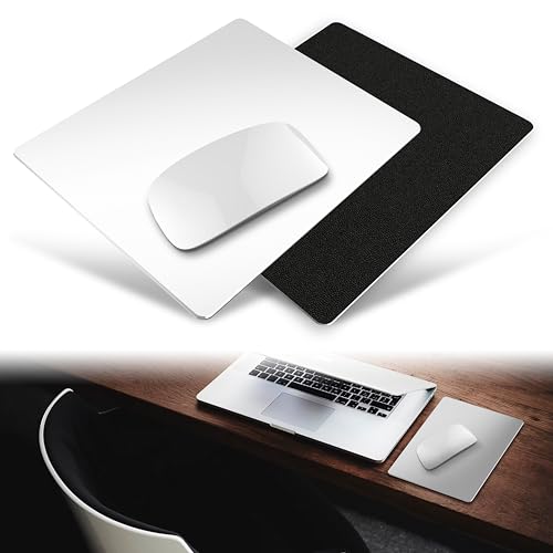 MyGadget Tappetino Mouse in Metallo [ 18cm x 23cm x 0,25 cm ] - Tappeto liscio e base in pelle sintetica antiscivolo - per Apple Magic Mouse ecc. - Argento