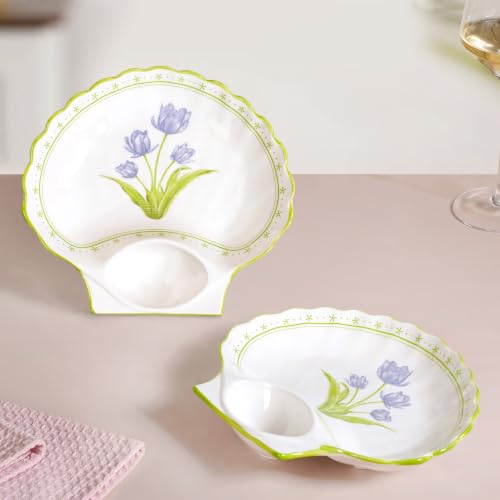 Image of Nestasia Ceramic Snack Plates Set of 2 - Serving Plate with Dip Section for Chutney or Sauce | Microwave & Dishwasher Safe Shell Shaped Design with Floral Print - Perfect for Fries, Momos, Kebab