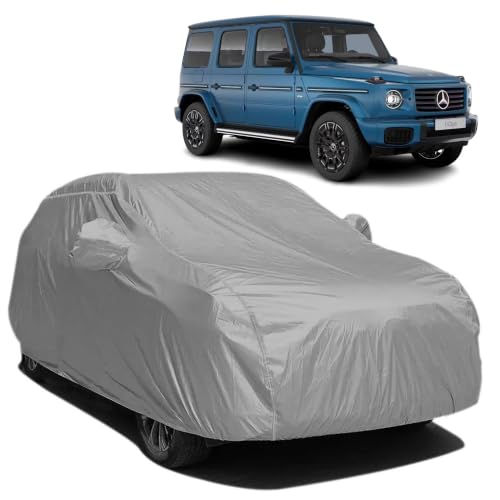 Image of BARBARIKA Waterproof Car Body Cover Compatible with Mercedes-Benz G580 | Waterproof, UV Resistant, Dustproof, Mirror Pockets, with Belt & Buckle - (Grey)