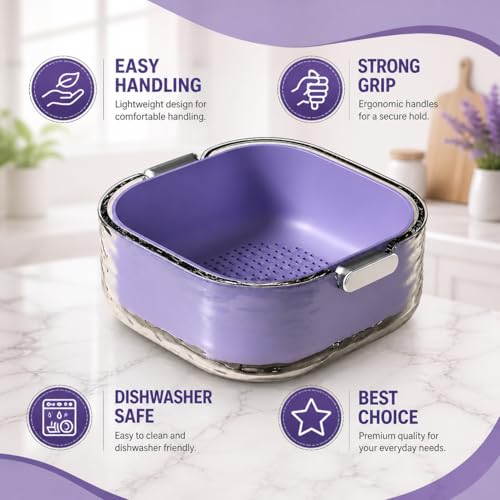 Image of 3-in-1 Vegetable Washing Basket with Drain Tray Set of 3,Kitchen Strainer & Colander Bowl,BPA-Free Vegetable & Fruit Washer with Handle (Purple)
