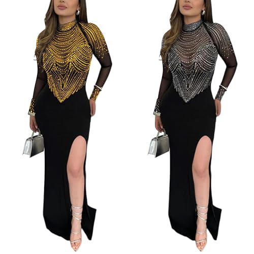 Image of PORRCEY Women's Sexy Rhinestone Lace Sheer Mesh Formal Evening Dress