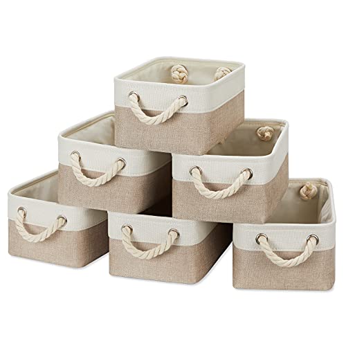 Image of Temary Small Fabric Storage Baskets 6 Pcs Decorative Baskets Bins for Gifts Empty Foldable Storage Baskets with Handles for Organizing Shelf, Towels (White&Khaki,11.8 L x 7.9 W x 5.3 H inches)