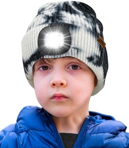ATNKE Kids LED Lighted Beanie Hat,USB Rechargeable 4 LED Running Headlamp Ultra Bright Cap with Light Hands Free Head Torch Winter Warm Knit Beany Great Gifts for Boys and Girls