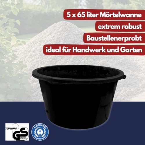 Mörtelkästen 65-90 Liter | Mörtelkübel rund oder eckig | Kunstoff-Wannen in Markenqualität | Pflanzkübel für Hochbeet (5 x 65l rund)