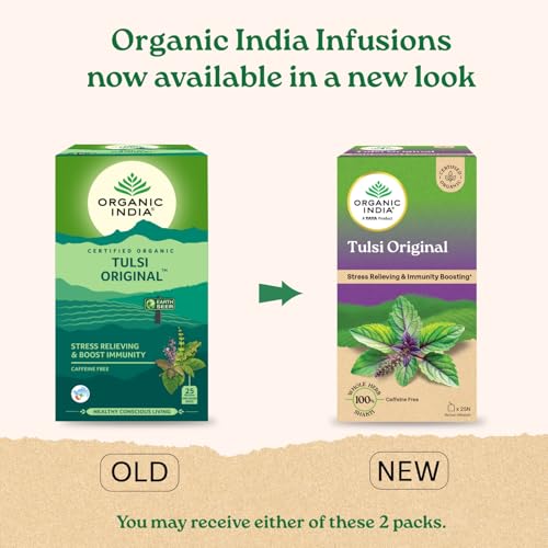 Image of A TATA Product - Organic India Tulsi Original - 25 Tea Bags, Caffeine-Free Herbal Tea with Tulsi, Natural Detoxifier, Rich in Antioxidants, Convenient Staple-Free Bag