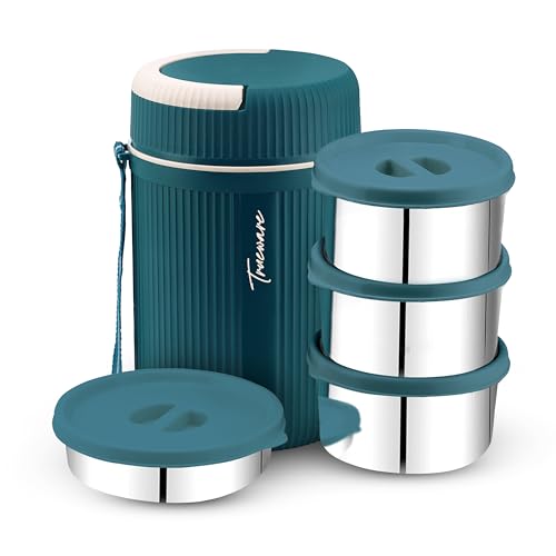 Image of Trueware GRUB 4 Double Wall Insulated Hot Lunch Box with 3 SS Container 300 ML Each & 1 SS Container 200ML | Bpa Free | Food Grade | Hot and Fresh Ma (LBI-GRB-004-Blue BAZ)