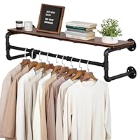 ybaymy Wall Mounted Clothes Rail Industrial Pipe Clothes Rack Length100cm Wall Hanger for Clothes Garment with Shelf Space Saving Clothes Hanging Rod Bar for Closet Storage