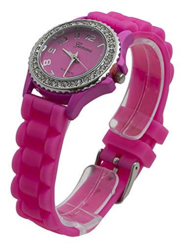 Women's Geneva Pink Platinum Silicone Rubber Jelly With Cz Crystal Rhinestones Face Bling Bezel #TOP2