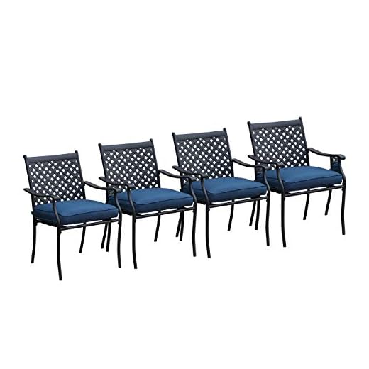 LOKATSE HOME 4 Piece Outdoor Patio Metal Wrought Iron Dining Chair Set with Arms and Seat Cushions - Blue