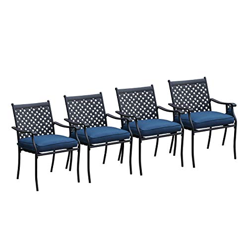 Image of LOKATSE HOME Patio Dining Chairs Set of 4, Stackable Metal Wrought Iron Outdoor Chairs with Armrests & Thick Blue Cushions, All-Weather Heavy Duty Furniture for Garden, Backyard, Deck & Balcony