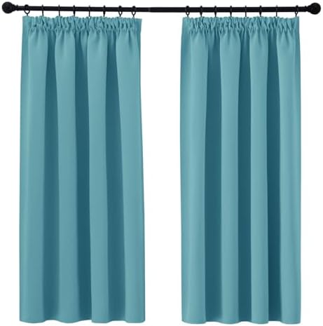 PONY DANCE Blue Curtains for Bedroom - Super Soft Room Darkening Pencil Pleat Curtains for Nursery Short Window Treatment with Tape Top for Bedroom, Turquoise Blue, 2 Pieces, W46 X L54