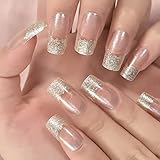 Coolnail French Press on Nails Medium Transparent Glitter Elegant Glitter Deco Fake Nails Daily Office Salon Manicure Reusable Acrylic False Nail Art Tips