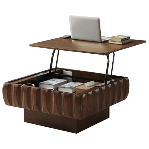 LKTART 31" Lift Top Coffee Table for Living Room, Fluted Coffee Table with Hidden Storage Compartment, Mid Century Modern Solid Wood Veneer Square Center Table for Office Apartment Small Space, Walnut