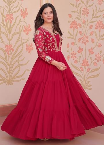 Image of FOXDX Womens Faux Georgette Sequence Embroidered Ankle Length Anarkali Gown for Women| Festival | Trending |