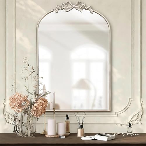 Image of Besdomus Vintage Arched Gold Mirror: 24x36 Large Silver Bow Vanity Mirror | French Antique Baroque Metal Framed - Traditional Ornate for Bathroom /Entryway /Bedroom - Ideal for Master Bath Renovations