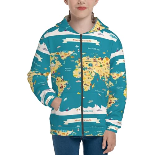 World Map With Landmarks Kid Hoodies Boys Zip Up Sweatshirts Girls Pullover with Pocket3