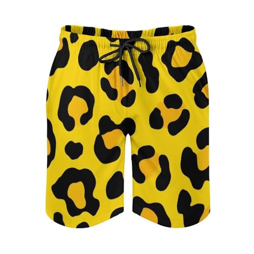 Mens Quick Dry Swim Trunks, Fashion Swimming Board Shorts with Mesh Lining Animal Skin Cheetah Leopard Leather Print Yellow Drawstring Summer Bathing Suit Beach Shorts (L)