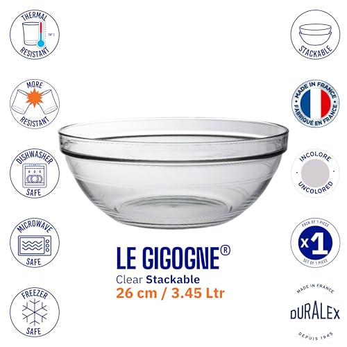 Image of Duralex France Gigogne Clear Stackable Glass Bowl 3.45L | 1 Bowl | Use for Dough, Batter, Mixing & More | Scratch-Resistant, Durable, Microwave & Dishwasher Safe