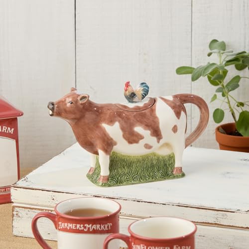 Vintage Farm 3-D Cow Teapot, 20-Ounce Ceramic Teapot with Hand-Painted Farmhouse Design, Rooster Lid & Green Base, Rustic Country-Style Accent, Perfect for Tea, Décor & Gift-Giving by Certified International - Image 3