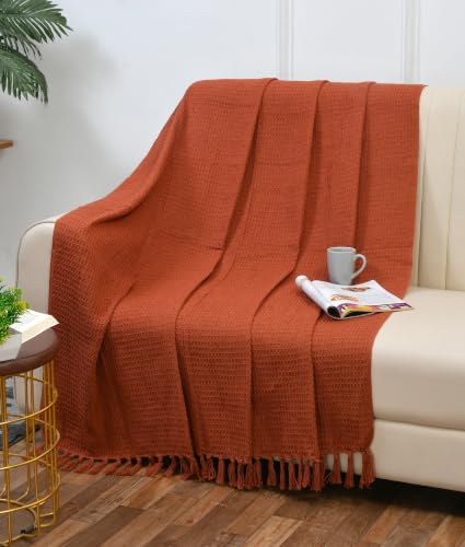 Image of Handloom Cotton Throw for Sofa & Bed | Soft Lightweight Boho Blanket | Decorative All-Season 100% Cotton Sofa Throw - 50x60 inch (Cherry)