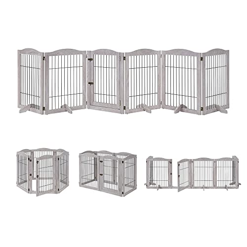 unipaws Extra Wide Hallway Dog Gate, Freestanding Tall Dog Gate, 6 Panels Pet Gate with 5 Support Feet, Wooden Foldable Stairs Barrier (Fits 203cm-330cm, Weathered Grey)