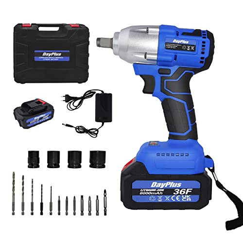 HSHa Llave de impacto, inalámbrica, sin escobillas, 420 Nm, con batería de 3,0 Ah, 0-3200RPM, 4 Vasos De Impacto 14/17/19/22 mm, caja de 12 accesorios, Caja de plástico Cover