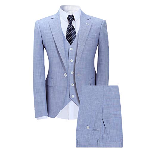 Mens 3 Piece Elegant Suit Set Dress 1 Button Dinner Blazer Tux Jacket Vest Pants (Small, Light Blue)