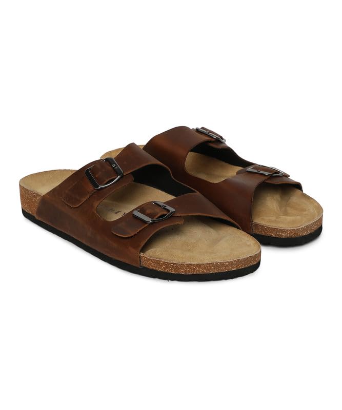 Image of HF JOURNEY Men's Vasco Double Strap Cork Footbed Sandals - Adjustable Buckle Slip-On Comfort Slides (Size 41-46)
