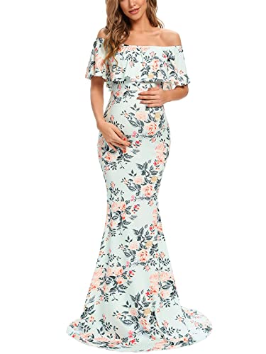 Glampunch Womens Off Shoulder Maternity Dress Ruffles Elegant Slim Gowns Fit Maxi Photography Dress #TOP5