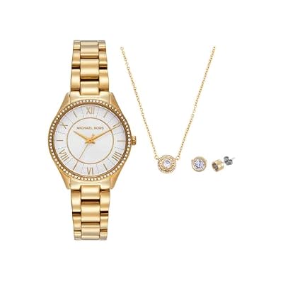 Michael Kors Orologio Lauryn da donna, movimento al quarzo a tre lancette con cinturino in acciaio inossidabile o in pelle, 33 mm, Set di toni dorati