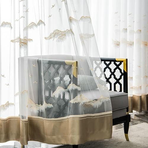 BCughia Voile Sheer Curtains 72 inch Long 2 Panels, Landscape Ink Painting Pinch Pleat Window Curtains for Living Room Bedroom Each Panel 40" W x 72" L, Beige Brown - Image 3