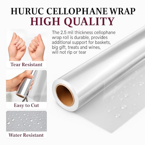 Huruc Clear Cellophane Wrap Roll 80cm x 30m Folded with 10 Pull Bows, 2 Ribbons & 10 Tags – Extra Wide Christmas Wrapping Cello for Hampers, Bouquets, Gifts & Holiday Packaging