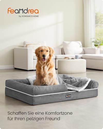 Feandrea Orthopädisches Hundebett, Hundekissen, Hundekorb, weiche Polsterung, Hundesofa, erhöhte Ränder, Bezug abnehmbar und waschbar, 112 x 81 x 18 cm, rutschfeste Unterseite, hellgrau PGW068G02V1