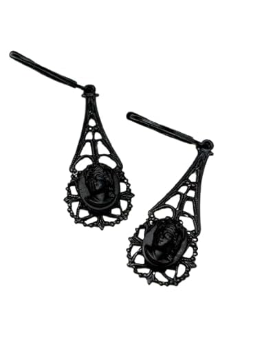 Black Glass Mourning Cameo Earrings in Victorian Drop Settings