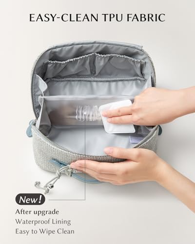 Image of EACHY Travel Makeup Bag, Woven Travel Toiletry Bag, Portable 180 Wide-Open Flat Cosmetic Bags for Women, Large Capacity Makeup Pouch with Divider and Handle