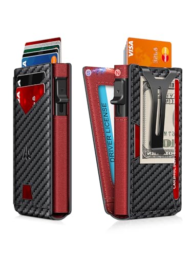 Image of Wallet for Men, Slim Minimalist Wallet with Money Clip&ID Window, RFID Blocking Pop-Up Credit Card Holder, Smart Auminum Mens Wallet Holds 9-13 Cards (Gift Box) (Carbon Fiber & Red)