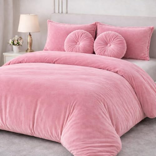 Image of Sands Luxurious 6Pc Bedding Set for Winter, 1 Double Duvet Cover,1 Double Bed bedsheet, 2 Pillow Covers, 2 Round Cushions, Ultra Soft Woollen Bedsheet Set- 90X100 inches (Pink)