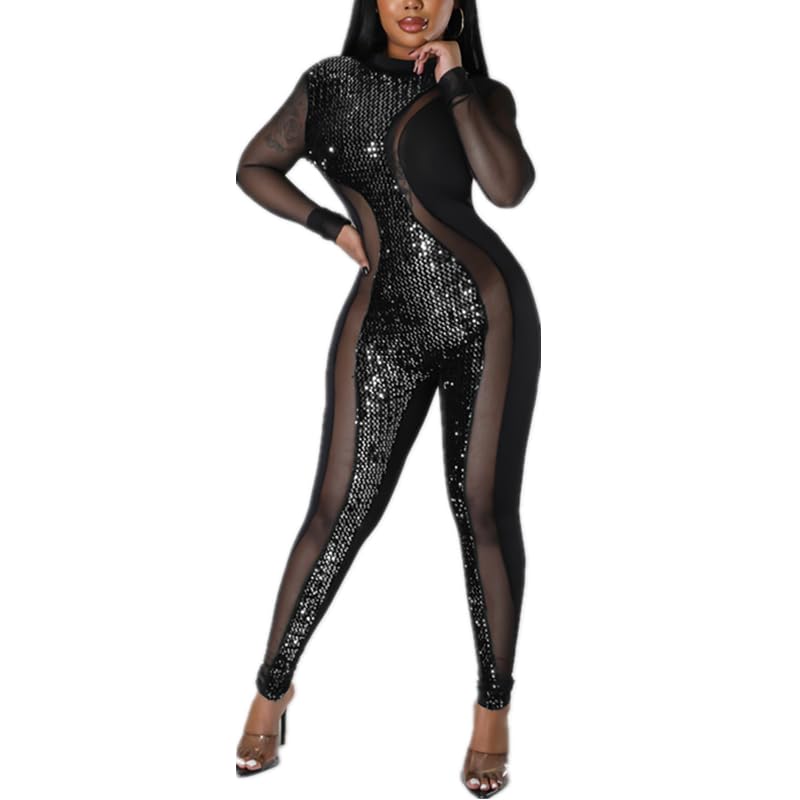 Tiberu Women's Sparkly Sequined See Through Patchwork Jumpsuit Outfit Cocktail NightClub Sheer Mesh Jumpsuit Rompers