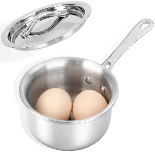 Macevia Mini Sauce Pan with Lid Stainless Steel Butter Warmer Small Pot For All Stoves Multipurpose Use for Home Kitchen or Restaurant (10.8oz/320ml) - Silver