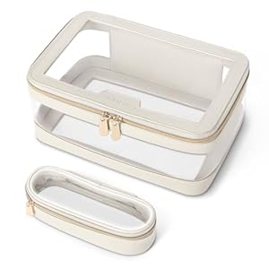 Travel Clear Makeup Bag with Makeup Brush Bag, Leather Makeup Case Toiletry Bag, Portable Cosmetic Bag Case, Transparent Waterproof Cosmetic Organizer Storage Bag for Women, Off-White