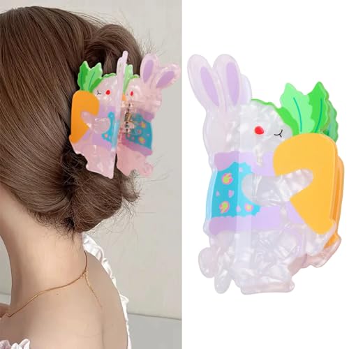 Easter Bunny Hair Clips - Pink Bunny Holding Carrot Hair Claw Clips for Girls & Women, Spring Party Hair Accessories (Non-Slip Grip)