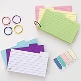300pcs Colored Index Cards Set, Thick Bleed-Resistant Flash Cards with Lined Paper, 100 Transparent Sticky Notes & 6 Metal Rings | A6 Portable Study & Notetaking Kit for Vocabulary, Revision, Office