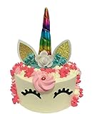 Handmade Unicorn Birthday Cake Toppers set, Unicorn Horn, Ears and Flowers Set. - For Unicorn Themed Party, Baby Shower, Birthday Party Decoration (Rainbow)