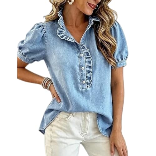 Blouse en jean à volants dotée d'une basque élégante et manches courtes - 5