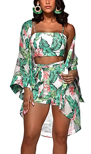 KEYUFANG Women 3 Piece Vocation Outfits Summer Suit Floral Kimono Cardigans Beach Cover Up Crop Cami Top Short Set