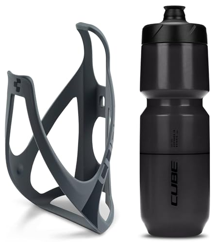Cube HPP Cage - Matt Grey/Black & Flow Bottle - Black, 750ml / Water Drink Flask Vessel Bidon Holder Mount Bracket Kit Lightweight Plastic Drinking Hydration Biking Bike Riding Frame Accessories