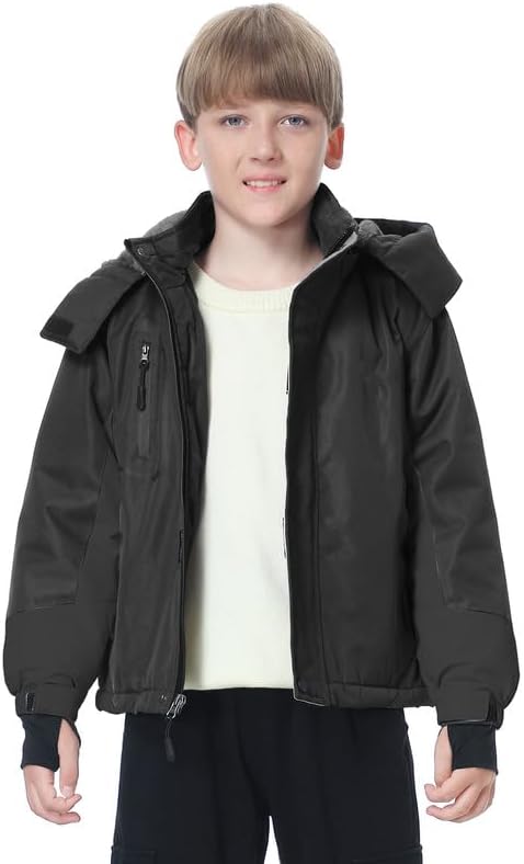 Boy's Waterproof Ski Jacket Warm Fleece Winter Snow Coat Windproof Snowboarding Jacket with Detachable Hood