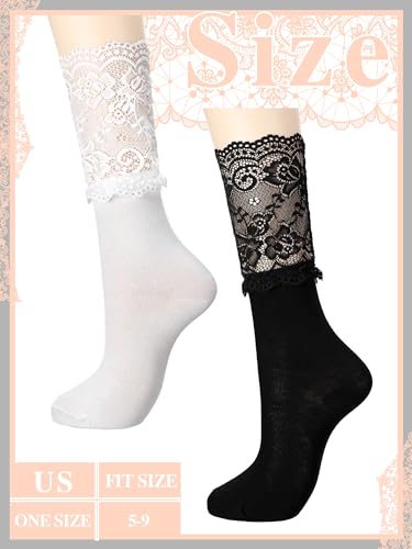 Image of Fourluoo 4 Pairs Women's Lace Socks Calf Stocking with Lace Trim Long Knee High Stockings Lolita Boot Socks