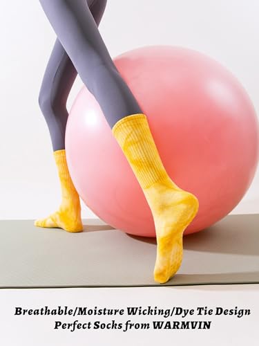 Image of Womens Pilates Yoga Toe Socks with Grips Non Slip Cushioned Crew Socks Mid Calf for Barre Ballet, 6-11, Tie Dye-15